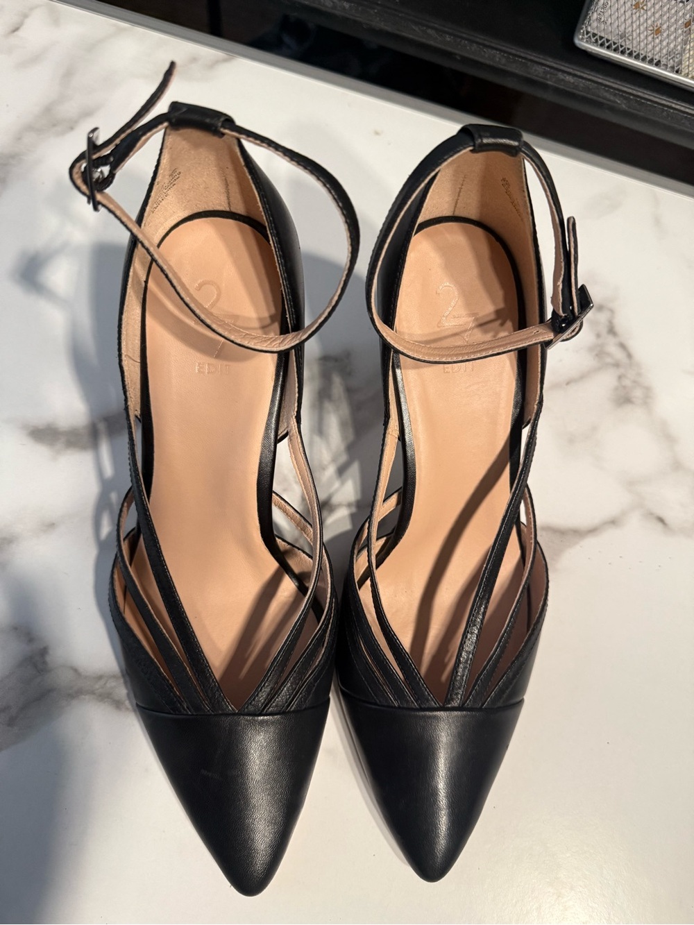 Abree 27EDIT Black Pointed-Toe Strappy Ankle-Strap Pumps